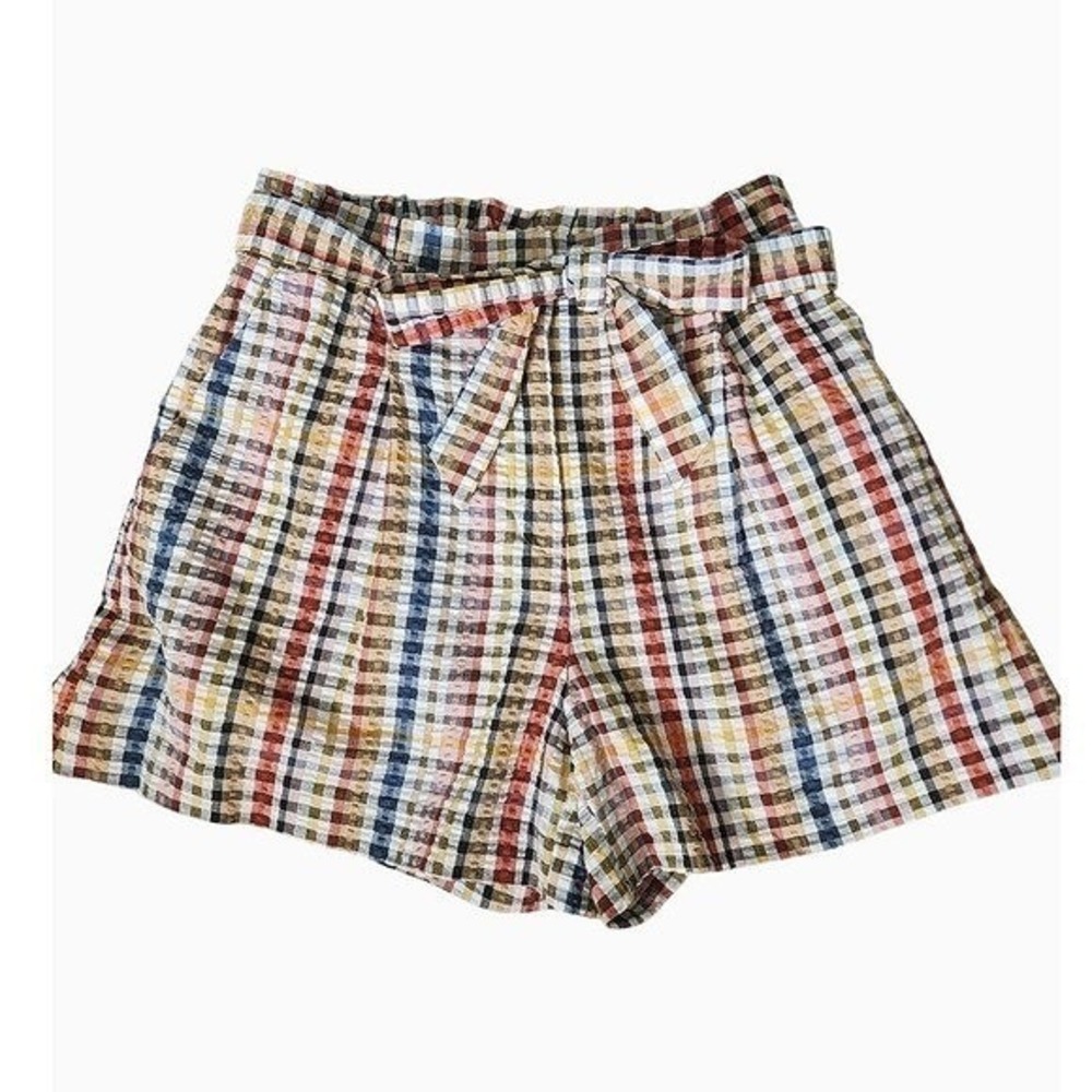 Ann Taylor Loft Crinkle Plaid Paperbag Tie Waist High Rise Shorts Multi Pocket S